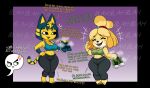 4_toes 5_fingers absurd_res accessory animal_crossing ankha_(animal_crossing) anthro bell_hair_tie biped black_nose blah_blah_blah blonde_hair blue_bra blue_clothing blue_footwear blue_hair blue_shoes blue_sneakers blue_sports_bra blue_underwear bottomwear bra breasts canid canine canis claws cleavage clothed clothed_anthro clothed_female clothing cross-popping_vein dialogue domestic_cat domestic_dog duo_focus english_text eyebrows eyes_closed feet felid feline felis female fingers foot_fetish footwear fur green_bra green_clothing green_footwear green_shoes green_sneakers green_sports_bra green_underwear group hair hair_accessory hair_tie hand_on_hip hand_on_own_hip hi_res holding_clothing holding_footwear holding_object holding_shoes isabelle_(animal_crossing) looking_at_another mammal markings midriff multicolored_body multicolored_fur navel nintendo open_mouth open_smile pants pink_tongue red_hair_tie shih_tzu shoes skulltrumpet smile sneakers sports_bra standing steam steamy_shoes striped_markings striped_tail stripes tail tail_markings talking_to_another teeth text tied_hair toe_claws toes tongue toy_dog underwear uraeus white_body white_fur yellow_body yellow_fur yellow_inner_ear yoga_pants