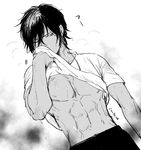  abs dark_skin dark_skinned_male greyscale ichimaru looking_to_the_side male_focus monochrome one_eye_closed ookurikara pectorals shirt shirt_lift sweat t-shirt touken_ranbu 