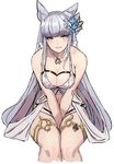  animal_ears bangs bare_shoulders between_thighs bikini blue_eyes blunt_bangs breasts cleavage erune flower granblue_fantasy grin hair_flower hair_ornament korwa large_breasts leaning_forward long_hair looking_at_viewer michihasu navel sidelocks silver_hair simple_background sitting sketch smile solo swimsuit thighlet very_long_hair white_background white_bikini 