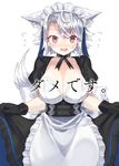  alternate_costume animal_ears apron bad_id bad_twitter_id bangs black_gloves blush breasts choker cleavage cowboy_shot enmaided eyebrows_visible_through_hair flying_sweatdrops gloves highres inubashiri_momiji kasuka_(kusuki) large_breasts looking_at_viewer maid maid_headdress open_mouth red_eyes short_hair simple_background solo sweat tail touhou translation_request waist_apron white_apron white_background white_hair wolf_ears wolf_tail 