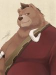  2018 anthro bear brown_fur clothed clothing fur male mammal mohumohuotou okatana overweight overweight_male sdorica_sunset simple_background solo 