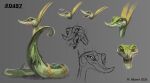absurd_res ambiguous_gender angry anthro feral front_view frown generation_5_pokemon green_body green_scales grey_background group hi_res mathew-b nintendo open_mouth painting_(artwork) pokemon pokemon_(species) realistic reptile scales scalie serperior side_view simple_background sketch smile snake text three-quarter_view
