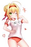  &gt;:) ;) bangs blonde_hair blush braid buruma c: closed_mouth commentary_request contrapposto cowboy_shot eyebrows_visible_through_hair fate/grand_order fate_(series) green_eyes gym_shirt gym_uniform hair_between_eyes hair_bun hair_intakes hand_on_hip hand_up headband heart highres hina_gyuunyuu name_tag nero_claudius_(fate) nero_claudius_(fate)_(all) olympian_bloomers one_eye_closed shirt short_sleeves sidelocks simple_background smile solo standing t-shirt thighs tsurime v-shaped_eyebrows white_background white_shirt 