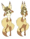 absurd_res anthro barbie_doll_anatomy big_tail black_hair blonde_hair breasts brown_body brown_fur brown_hair canid canine dakimakura dakimakura_design dipstick_tail ear_piercing female fennec_fox fluffy fox fur gesture gloves_(marking) hair hand_gesture hi_res highlights_(coloring) industrial_piercing inner_ear_fluff julie_chirpster leg_markings looking_at_viewer looking_back mammal markings medium_breasts multiple_poses nude piercing pose purple_eyes ravenarts socks_(marking) solo striped_hair tail tail_markings tan_body tan_fur tongue tongue_out true_fox tuft v_sign white_body white_fur