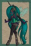 2013 anthro anthrofied armor armwear bra changeling choker clothing crown cutie_mark female friendship_is_magic green_sclera helmet horn insect_wings leggings legwear looking_at_viewer my_little_pony open_mouth panties queen_chrysalis_(mlp) sigil smile solo standing tongue tongue_out underwear walking wings 