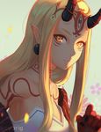  artist_name bare_shoulders blonde_hair closed_mouth commentary earrings facial_mark fate/grand_order fate_(series) fingernails floral_background horns ibaraki_douji_(fate/grand_order) jewelry koyorin long_hair looking_at_viewer oni oni_horns pointy_ears sharp_fingernails slit_pupils solo tattoo upper_body yellow_eyes 