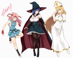  absurdres aguri_(gamers!) aster_crowley black_hair blonde_hair blue_eyes cosplay dougi gamers! green_eyes hat highres hoshinomori_chiaki long_hair multiple_girls pink_hair priest purple_eyes tendou_karen thighhighs witch_hat 