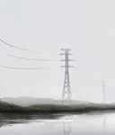  hill mountainous_horizon no_humans original power_lines river riverbank shion_(mirudakemann) sky transmission_tower water 