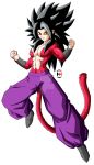  1girl abs bandeau bare_shoulders black_hair breasts caulifla commentary darkhameleon dragon_ball dragon_ball_gt dragon_ball_super earrings english_commentary fur highres jewelry long_hair looking_at_viewer medium_breasts midriff monkey_tail muscle navel pants shirtless smile solo spiked_hair strapless super_saiyan_4 tail wristband yellow_eyes 