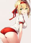  ass blonde_hair blush braid breasts buruma cowboy_shot eyebrows_visible_through_hair fate/grand_order fate_(series) green_eyes gym_shirt gym_uniform hair_between_eyes hair_bun hair_intakes headband large_breasts looking_at_viewer looking_back nero_claudius_(fate) nero_claudius_(fate)_(all) olympian_bloomers open_mouth pose rin_yuu shirt short_sleeves sidelocks simple_background smile solo t-shirt thighs tied_hair tsurime white_background white_shirt 