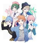  a3! bad_id bad_twitter_id beret blue_eyes blue_hair green_eyes green_hair hat heart highres hood ikaruga_misumi jacket jewelry miyoshi_kazunari mole mole_under_eye multiple_boys necklace open_clothes open_jacket orange_eyes orange_hair patterned_background pink_hair red_eyes rurikawa_yuki saccuv sakisaka_muku salute shirt star striped striped_shirt sumeragi_tenma triangle upper_body 