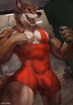  2017 5_fingers abs anthro biceps biped black_fur black_nose brown_eyes brown_fur bulge canine chunie clothed clothing countershade_face countershade_torso countershading coyote detailed_background digital_media_(artwork) flaccid front_view fur group hi_res humanoid_penis inside looking_aside male mammal multicolored_fur muscular muscular_male nipples open_mouth pecs penis penis_outline solo_focus standing teeth tight_clothing tongue white_fur wrestling_singlet 
