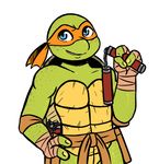  2017 anthro bandanna belt blue_eyes clothed clothing freckles grin hand_on_hip hand_wraps holding_object holding_weapon inkyfrog male mask melee_weapon michelangelo_(tmnt) nunchaku reptile scabbard scalie shell simple_background smile solo teenage_mutant_ninja_turtles turtle weapon white_background wraps 