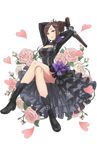  arm_up arms_behind_head black_dress black_footwear boots breasts brown_hair cleavage_cutout crossed_legs dorothy_(princess_principal) dress flower full_body gun hair_up heart highres holding holding_gun holding_weapon large_breasts long_hair looking_at_viewer official_art pink_flower pink_rose princess_principal princess_principal_game_of_mission purple_eyes rose sitting smile sparkle transparent_background weapon 