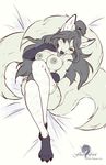  anthro breasts canine feet female flashing fleet-foot_(artist) fox hair hi_res inari japan japanese laying_on_bed legware looking_at_viewer mammal nipples paws pinup pose solo teasing 