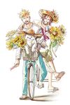  beard bicycle bicycle_basket blonde_hair clothed_animal dog facial_hair flower food ground_vehicle hat in_basket jou_(15388646) male_focus marco mouth_hold multiple_riders mustache one_piece popsicle scar sidesaddle smile stefan straw_hat stubble sunflower thatch 