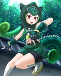  :o ankle_wrap bike_shorts black_gloves bracer chameleon_tail commentary day fingerless_gloves forest gloves green_hair green_shirt green_skirt highres hood kakutasu_(akihiron_cactus) kemono_friends looking_at_viewer nature ninja obi open_mouth outdoors panther_chameleon_(kemono_friends) pleated_skirt red_eyes sandals sash shirt skirt sleeveless sleeveless_shirt solo spiked_tail tabi tail v-shaped_eyebrows 