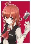  ahoge arashi_(kantai_collection) black_gloves blouse canister gloves grey_eyes highres kagari_leroy kantai_collection looking_at_viewer neckerchief red_background red_hair school_uniform short_hair simple_background smile solo upper_body vest white_gloves 