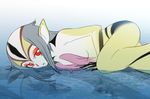  blue_submarine_no._6 breasts grey_hair hair humanoid looking_at_viewer lying marine monster_girl_(genre) mutio on_side partially_submerged pointy_ears red_eyes sat-c simple_background small_breasts solo water yellow_skin 