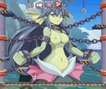  2girls animated animated_gif blue_hair blue_sky bouncing_breasts breasts chained clenched_teeth cloud day giantess giga_mermaid green_skin long_hair mermaid monster_girl multiple_girls navel nipples partially_submerged pirate_hat red_eyes restrained risky_boots shantae shantae:_half-genie_hero shantae_(series) sky topless water 