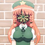  braid breasts brick_wall closed_eyes collared_shirt commentary dartboard eyebrows_visible_through_hair facepaint hat hong_meiling large_breasts long_hair neck_ribbon open_mouth orange_hair ribbon saliva shirosato shirt short_sleeves sleeping sleeping_upright solo touhou twin_braids upper_body vest wall 