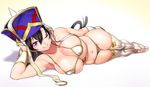 arm_at_side arm_support bikini black_hair breasts check_commentary cleavage commentary commentary_request earrings fate/grand_order fate_(series) flip-flops foreshortening hat hoop_earrings jewelry large_breasts long_hair looking_at_viewer lying navel on_side one_eye_closed onsoku_maru purple_eyes sandals shadow shiny shiny_skin simple_background swimsuit thighhighs white_legwear wristband xuanzang_(fate/grand_order) 