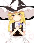  apron bangs blonde_hair blush bow braid buttons commentary dress eyebrows_visible_through_hair hair_bow hair_ornament hands_on_own_chest hat head_tilt kirisame_marisa large_bow large_hat long_hair looking_at_viewer pinafore_dress side_braid single_braid skirt solo standing star starry_background touhou turtleneck very_long_hair vest waist_apron witch_hat yellow_eyes yururi_nano 