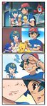  1girl 4koma blush brain_freeze comic food fuhikari gen_1_pokemon gen_4_pokemon gen_7_pokemon highres ice_cream pikachu pokemon pokemon_(anime) pokemon_(creature) pokemon_sm_(anime) popplio rotom rotom_dex satoshi_(pokemon) silent_comic suiren_(pokemon) z-ring 