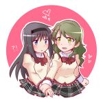  !? 2girls akemi_homura ange_(angeban93) bangs black_hair black_hairband blush bow bowtie collared_shirt commentary commission cropped_torso english_commentary green_eyes green_hair hairband heart juliet_sleeves long_hair long_sleeves mahou_shoujo_madoka_magica mitakihara_school_uniform multiple_girls open_mouth puffy_sleeves purple_eyes school_uniform shirt shizuki_hitomi straight_hair wavy_hair wrist_grab yuri 