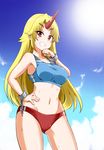  1girl blonde_hair breasts brown_eyes buruma chains clenched_hand clenched_teeth cloud commentary_request cuffs eyebrows_visible_through_hair gluteal_fold hand_on_hip horn hoshiguma_yuugi kousei_(public_planet) large_breasts long_hair midriff navel sky solo sports_bra star sun sweat teeth thick_eyebrows touhou 