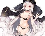  arm_at_side bikini black_legwear blush boots breasts closed_mouth collar commentary cowboy_shot dutch_angle fur_trim girls_frontline hair_between_eyes hat jacket_on_shoulders kar98k_(girls_frontline) long_hair looking_at_viewer medium_breasts navel red_eyes sabet_(young_ouo) side-tie_bikini sidelocks simple_background smile solo string_bikini swimsuit thigh_boots thighhighs very_long_hair white_background white_hair 