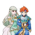  1girl armor blue_eyes blush cape cosplay dress eliwood_(fire_emblem) eliwood_(fire_emblem)_(cosplay) fire_emblem fire_emblem:_fuuin_no_tsurugi fire_emblem:_rekka_no_ken fire_emblem_heroes green_hair headband highres long_hair looking_at_viewer mamkute mother_and_son ninian red_eyes red_hair roy_(fire_emblem) short_hair simple_background smile white_background 