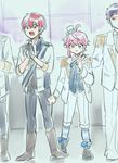  ahoge anger_vein blue_hair ensemble_stars! epaulettes fine_(ensemble_stars!) fushimi_yuzuru gloves green_eyes hat himemiya_touri jolaeng-i knights_(ensemble_stars!) male_focus multiple_boys pinching pink_hair purple_eyes red_hair short_hair smile suou_tsukasa top_hat 