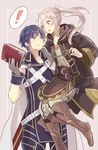  1girl armor blue_eyes blue_hair blush cape carrying dinikee female_my_unit_(fire_emblem:_kakusei) fire_emblem fire_emblem:_kakusei gloves krom long_hair my_unit_(fire_emblem:_kakusei) open_mouth short_hair smile twintails white_hair 