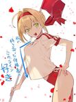  :d ahoge arched_back ass bangs belly_peek blonde_hair blurry bow braid breasts buruma character_name clothes_writing cowboy_shot depth_of_field directional_arrow double_vertical_stripe eyebrows_visible_through_hair fate/grand_order fate_(series) flag flat_ass french_braid from_side furrowed_eyebrows green_eyes gym_shirt gym_uniform hair_between_eyes hair_bun hair_intakes hand_on_hip headband holding holding_flag leaning_forward looking_at_viewer looking_back medium_breasts name_tag nero_claudius_(fate) nero_claudius_(fate)_(all) olympian_bloomers open_mouth over_shoulder overhang petals red_bow red_buruma red_headband see-through_silhouette shirt short_sleeves sidelocks simple_background smile solo standing translated v-shaped_eyebrows white_background white_shirt ya_4004 