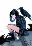  bird casual chewing_gum dc_comics forehead_jewel gabriel_picolo highres phone purple_hair raven_(animal) raven_(dc) short_hair short_shorts shorts solo teen_titans 