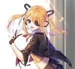  bad_id bad_pixiv_id bangs black_gloves black_jacket blue_eyes brown_pants crop_top eyebrows_visible_through_hair eyepatch from_side girls_frontline gloves hair_between_eyes hair_ornament hand_up interitio jacket leather leather_jacket lens_flare light_rays long_hair looking_at_viewer midriff open_clothes open_jacket open_mouth pants partly_fingerless_gloves sidelocks smile solo sunbeam sunlight twintails upper_body vz.61_(girls_frontline) 