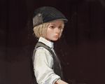  black_background black_hat blonde_hair cabbie_hat collared_shirt commentary green_eyes hat lips looking_to_the_side nose original realistic shion_(mirudakemann) shirt sleeves_pushed_up solo upper_body vest white_shirt 