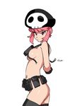  belt black_gloves black_legwear breasts cowboy_shot gloves hat jakuzure_nonon kill_la_kill looking_at_viewer medium_breasts navel nudist_beach_uniform pink_eyes pink_hair shiny shiny_hair short_hair sideboob sidelocks signature simple_background skull_print solo thighhighs typo_(requiemdusk) unclasped undressing utility_belt white_background 