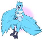  2019 anthro avian beak bird blue_eyes blue_feathers blue_fur blush breasts clothed clothing digital_media_(artwork) feathered_wings feathers female fur hair hi_res looking_at_viewer meme non-mammal_breasts open_mouth shirt simple_background smile solo thick_thighs tweerfur tweetfur twitter wide_hips wings ziggy_fox 