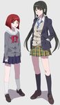  2girls black_hair blush chabashira_tenko danganronpa green_eyes long_hair mole multiple_girls new_danganronpa_v3 okuragon red_eyes red_hair school_uniform short_hair skirt tied_hair twintails yumeno_himiko 