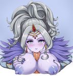  1girl areolae blush breasts character_request circlet dragon_quest dragon_quest_xi earrings jewelry long_hair looking_at_viewer nail_polish nipples oral paizuri penis pov yas_(35373) 