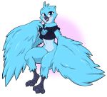  2019 anthro avian beak bird blue_eyes blue_feathers blue_fur blush breasts clothed clothing digital_drawing_(artwork) digital_media_(artwork) feathers female fur hair hi_res looking_at_viewer meme non-mammal_breasts open_mouth shirt simple_background smile solo thick_thighs tongue tweetfur twitter wings ziggy_fox 