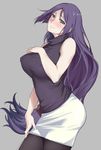 bangs bare_arms blush breasts commentary_request covered_nipples fate/grand_order fate_(series) grey_background hand_on_own_chest head_tilt highres hips jewelry large_breasts long_hair looking_at_viewer looking_to_the_side low-tied_long_hair minamoto_no_raikou_(fate/grand_order) pantyhose parted_bangs purple_eyes purple_hair ribbed_sweater ring simple_background skirt sleeveless sleeveless_turtleneck smile solo sweater sweater_vest turtleneck very_long_hair white_skirt yoshiki360 