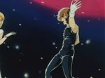  80s animated animated_gif blonde_hair crusher_joe dancing disco laser navel smile yasuhiko_yoshikazu 