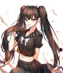  arm_behind_back artist_name bad_id bad_pixiv_id bangs black_gloves black_serafuku black_skirt blurry bow bowtie brown_eyes brown_hair commentary_request cowboy_shot crop_top crop_top_overhang dated depth_of_field girls_frontline gloves hand_up horns interitio long_hair looking_at_viewer midriff navel open_mouth ouroboros_(girls_frontline) pleated_skirt school_uniform serafuku short_sleeves side_bun skirt smile solo standing tongue tongue_out tsurime twintails very_long_hair white_bow white_neckwear 