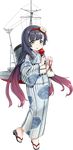  akasaka_yuzu black_hair candy_apple food full_body gradient_hair green_eyes headband japanese_clothes kantai_collection kimono long_hair machinery mast matsuwa_(kantai_collection) multicolored_hair official_art rigging smokestack solo transparent_background yukata 