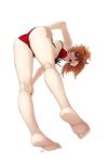  ass barefoot bent_over blue_eyes breasts fate/grand_order fate_(series) feet highres looking_at_viewer mordred_(fate)_(all) mordred_(swimsuit_rider)_(fate) open_mouth orange_hair red_eyes shimomoto simple_background small_breasts soles solo toes white_background 