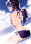  absurdres ass back bare_legs barefoot beach bikini butt_crack day dimples_of_venus dutch_angle eyebrows_visible_through_hair hair_lift hairband halterneck highres kasumigaoka_utaha multi-strapped_bikini nakamura_takeshi non-web_source outdoors parted_lips purple_bikini purple_eyes purple_hair saenai_heroine_no_sodatekata scan side-tie_bikini sidelocks sitting solo swimsuit untied untied_bikini wet wet_hair yokozuwari 