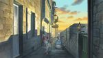  atelier_pocket azumarill building city cloud cloudy_sky commentary_request door gen_2_pokemon gen_6_pokemon gradient_sky lantern looking_at_another murkrow no_humans outdoors pichu pokemon pokemon_(creature) scenery sign sky smile sunset sylveon walking wall window 